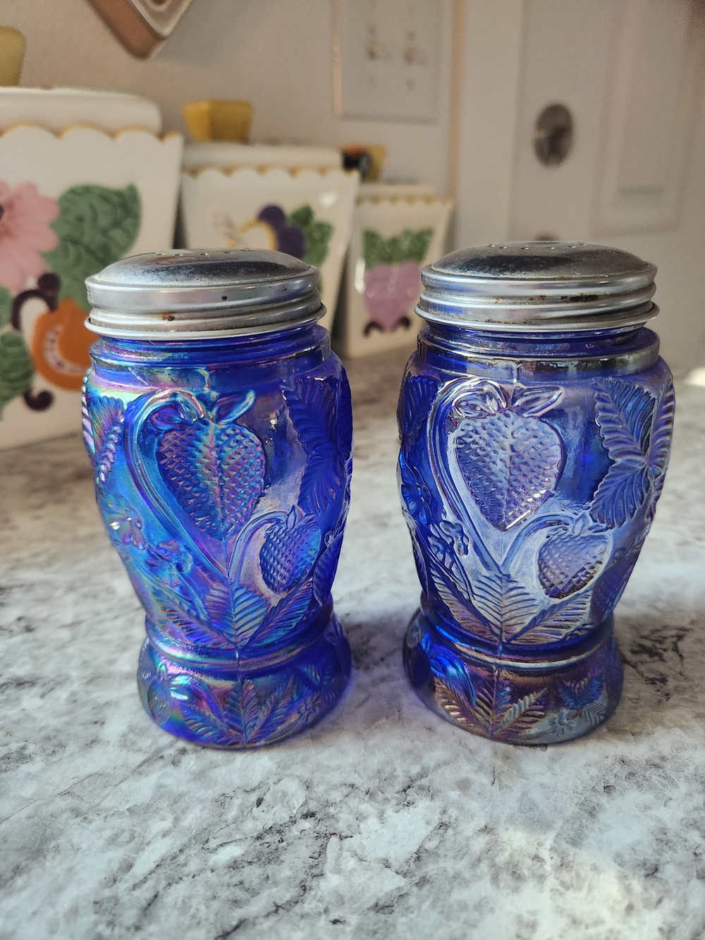 Vintage Cobalt Blue Iridescent Glass Salt and Pepper Shakers